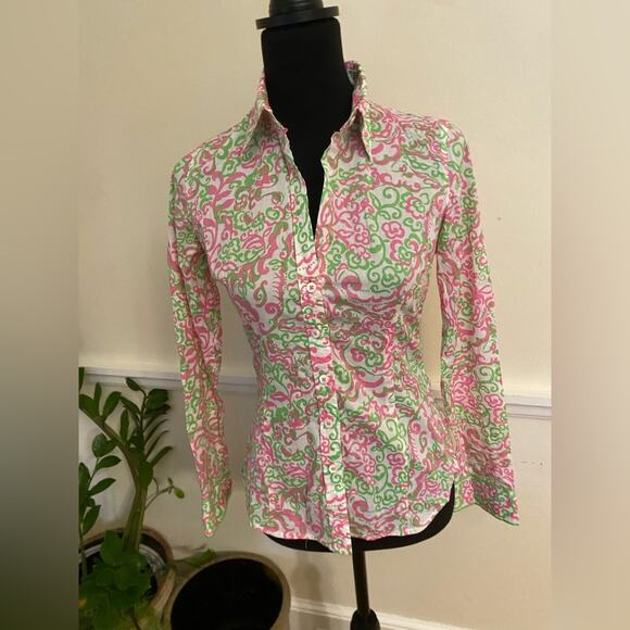 LILLY PULITZER peanut island button front long sleeve shirt white label size‎ 2 - Picture 1 of 9